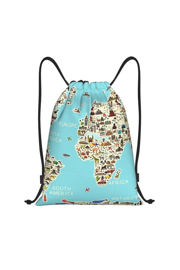 World Travel Line Icons Map Print Drawstring Backpack Bag,Waterproof Draw String Back Sack, Gym Drawstring Bags Swim Bag For Unisex
