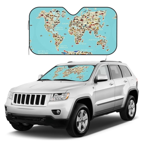 Kdxio World Travel Line Icons Map Print Windshield Sun Shade, Foldable Sun Blocker for Car,Truck,SUV Automotive Interior Sun Protection,Reflective Shade for Front Windshield(Medium)