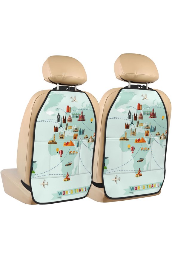 World Travel Map Print 2 Pack Car Kick Mat Seat Cover Back Protector Mat with Pockets for Organizer Backseat Protector and Storage Anti Kick Pad for Vehicles