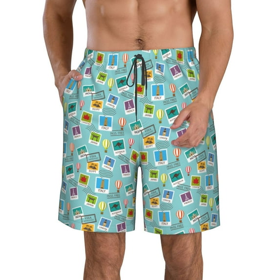 Kdxio World Travel1 Pattern Mens Casual Shorts - Drawstring Summer Beach Sports Shorts for Men