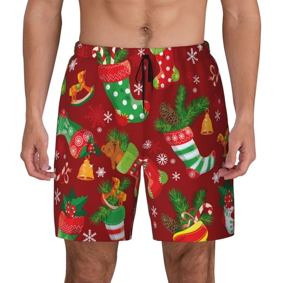 Kdxio X-Mas And New Year Print Men'S Swim Trunks With Compression Liner 7 Inch Inseam Quick Dry Swim Shorts