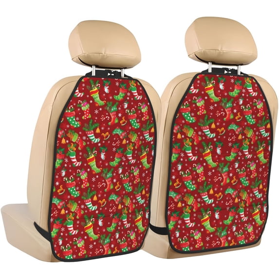 Kdxio X-mas and New Year Print 2 Pack Car Kick Mat Seat Cover Back Protector Mat with Pockets for Organizer Backseat Protector and Storage Anti Kick Pad for Vehicles