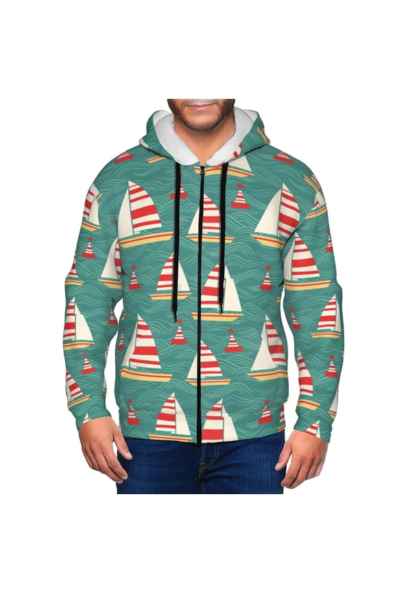 Yachts And Buoys Print Men Hoodies Casual Hoodies for Men with Zip Pockets Full Zip Long Sleeve Sweatshirt Sports Hooded Jacket-X-Large