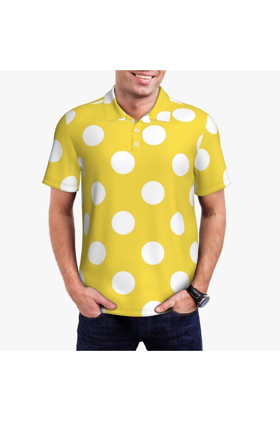 Yellow And White Polka Dot Print Men's Short Sleeve Polo Shirt,Midweight Men's Shirt-Medium