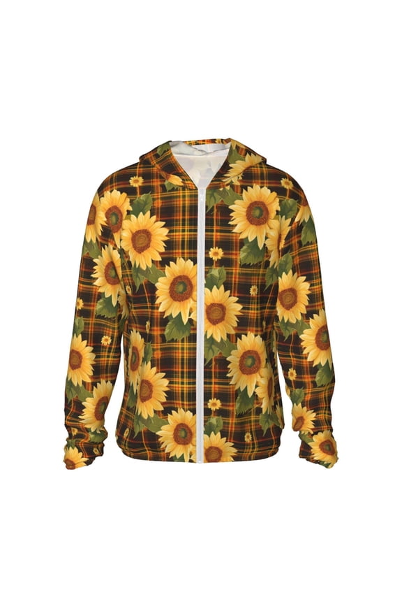 Yellow Black Plaid Sunflower Print Women Men Sun Protection UPF 50+ Jackets Zip Up Long Sleeve Hoodie Hiking Lightweight with Pockets