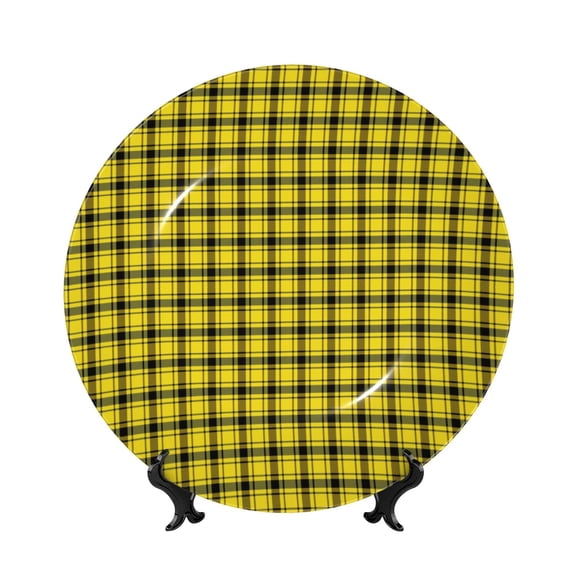 Kdxio Yellow Checkered Plaid Bone China Decorative Plate Ceramic Decorative Plate for Home Office Wall Stand Decorative Plates for Home Bedroom-8in