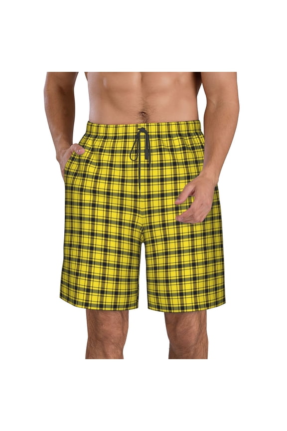 Yellow Checkered Plaid Pattern Mens Casual Shorts - Drawstring Summer Beach Sports Shorts for Men