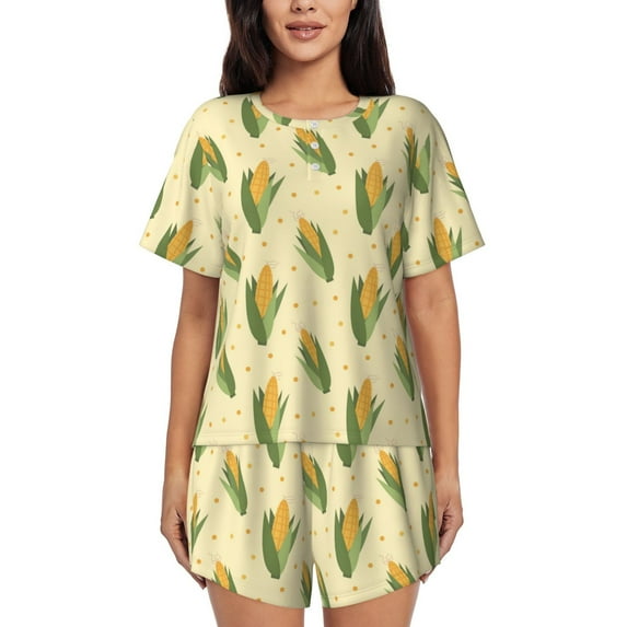 Kdxio Yellow Corn Print Pajamas Sets for Women Short-Sleeved Pjs with Lounge Shorts Two Piece Sleepwear S-4XL