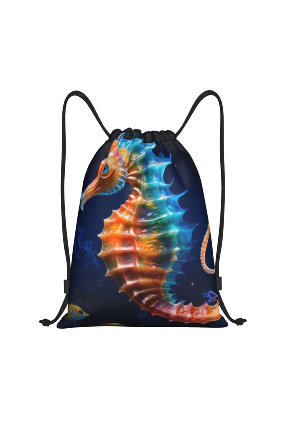 Yellow Fish Seahorse Print Drawstring Backpack Bag,Waterproof Draw String Back Sack, Gym Drawstring Bags Swim Bag For Unisex