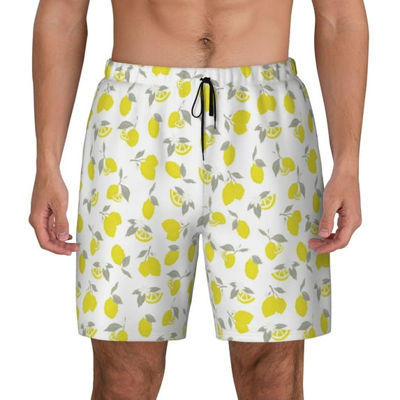 Kdxio Yellow Lemon Leaves Print Men's Swim Trunks with Compression Liner 7 Inch Inseam Quick Dry Swim Shorts