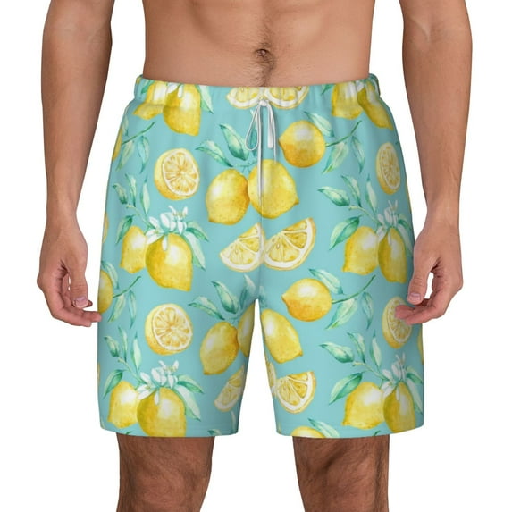 Kdxio Yellow Lemon Print Men'S Swim Trunks With Compression Liner 7 Inch Inseam Quick Dry Swim Shorts