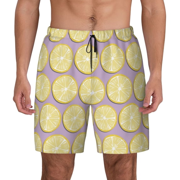 Kdxio Yellow Lemon Slices Print Men's Swim Trunks with Compression Liner 7 Inch Inseam Quick Dry Swim Shorts