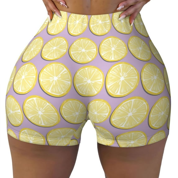 Kdxio Yellow Lemon Slices Print Workout Shorts for Women Seamless Soft Smooth Gym Yoga Scrunch Active Shorts