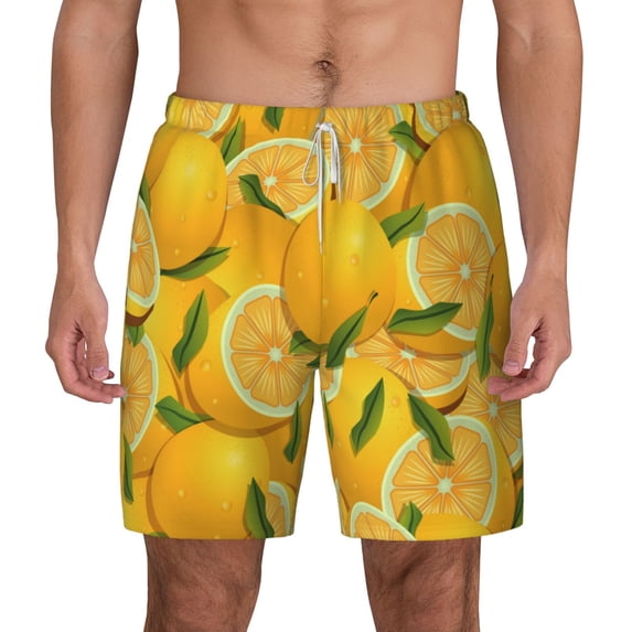 Kdxio Yellow Limes Print Men'S Swim Trunks With Compression Liner 7 Inch Inseam Quick Dry Swim Shorts