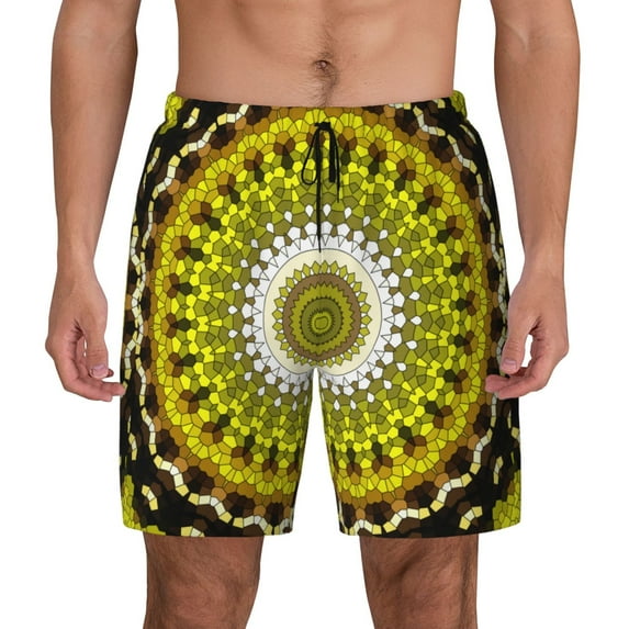 Kdxio Yellow Mandala Print Men'S Swim Trunks With Compression Liner 7 Inch Inseam Quick Dry Swim Shorts