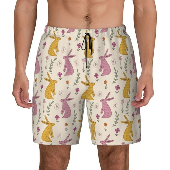 Kdxio Yellow Pueple Rabbit Print Men's Swim Trunks with Compression Liner 7 Inch Inseam Quick Dry Swim Shorts