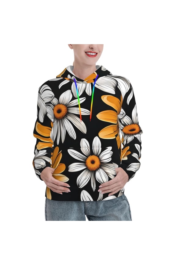 Yellow White Daisy Pattern Print Womens Oversized Hoodies Sweatshirts Hooded Pullover Tops Sweaters Casual-Large