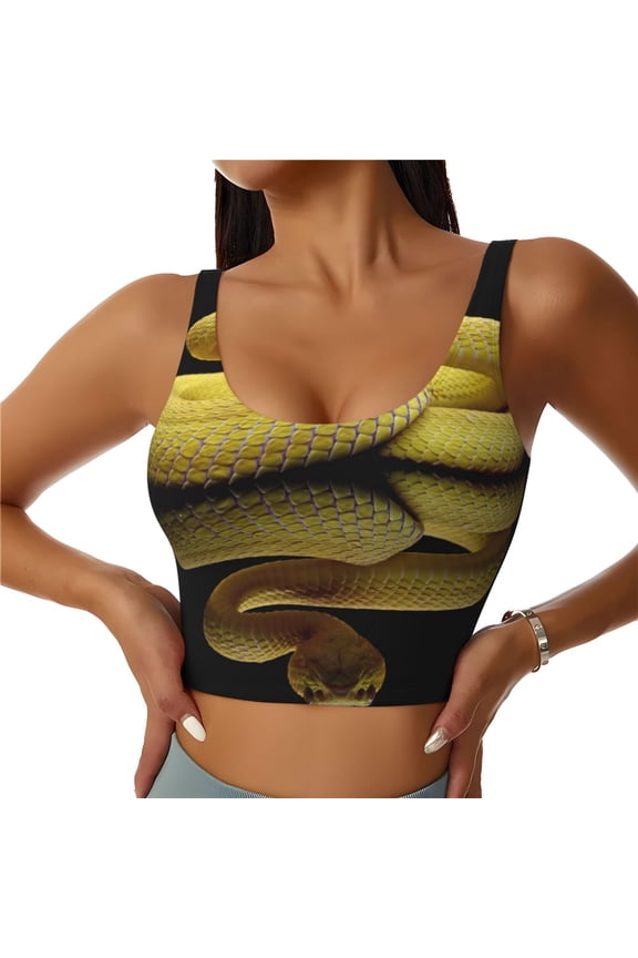 Yellow White-Lipped Pit Viper Print Workout Crop Tank Top for Women Racerback Yoga Tank Tops Athletic Sports Shirts Exercise Undershirts