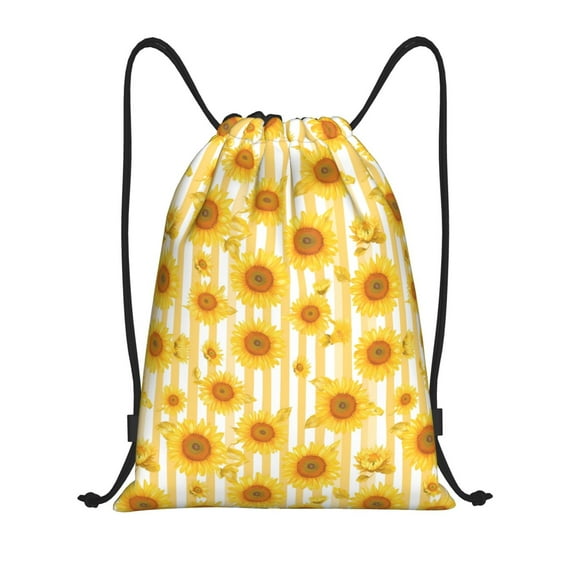 Kdxio Yellow White Striped Sunflower Print Drawstring Backpack Bag,Waterproof Draw String Back Sack, Gym Drawstring Bags Swim Bag For Unisex