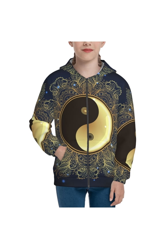 Yin And Yang Mandala Pattern Kids Boys Girls Zip Up Hoodie 3D Printed Hooded Sweatshirt Hoody Coat with Pocket 7-12 Y-Small