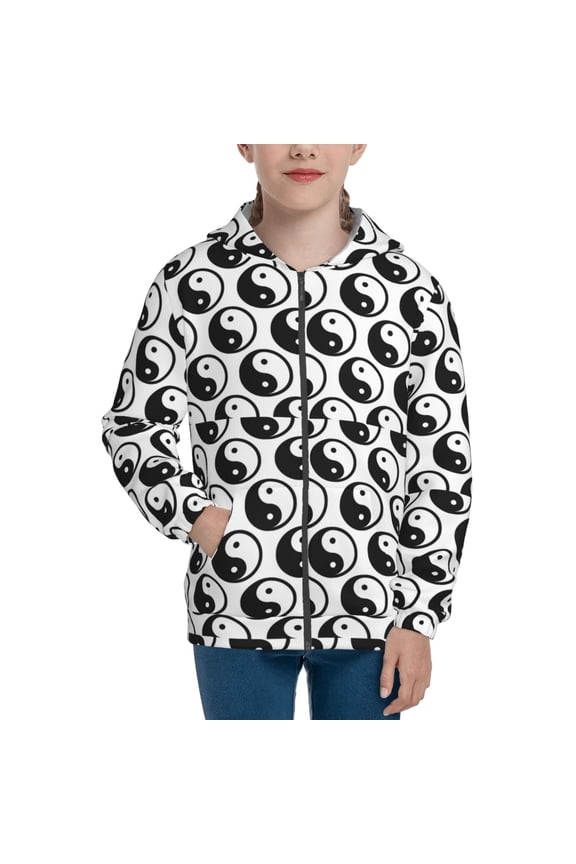 Yin Yang Pattern Kids Boys Girls Zip Up Hoodie 3D Printed Hooded Sweatshirt Hoody Coat with Pocket 7-12 Y-Medium