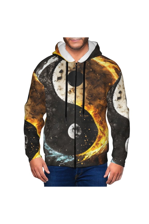 Yin Yang Print Men Hoodies Casual Hoodies for Men with Zip Pockets Full Zip Long Sleeve Sweatshirt Sports Hooded Jacket-Small