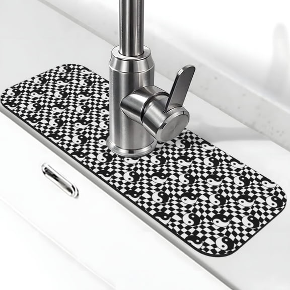 Kdxio Ying Yang Checkered Pattern Non-Slip Diatom Mud Faucet Drain Pad,Self Absorbent Mat for Kitchen Sink for Variety Kitchen & Bathroom Countertops
