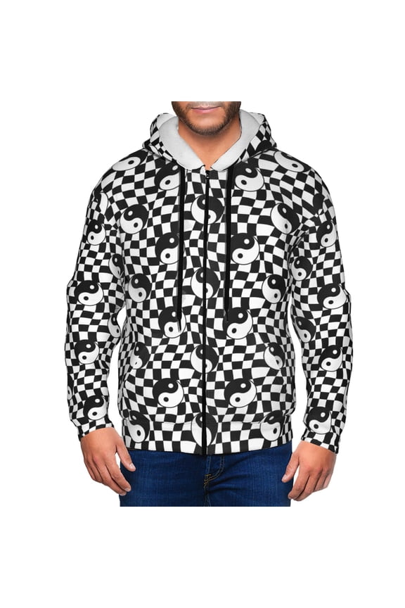 Ying Yang Checkered Print Men Hoodies Casual Hoodies for Men with Zip Pockets Full Zip Long Sleeve Sweatshirt Sports Hooded Jacket-Large