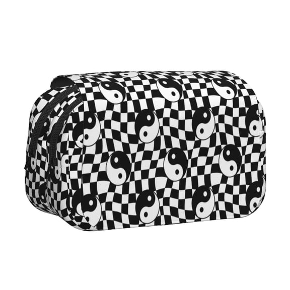 Kdxio Ying Yang Checkered for Double Compartment Pen Case Oxford Organizer with Zipper Pockets for Students Artists