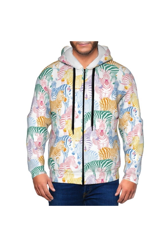 Zebra Colourful Print Men Hoodies Casual Hoodies for Men with Zip Pockets Full Zip Long Sleeve Sweatshirt Sports Hooded Jacket-Large