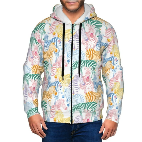 Kdxio Zebra Colourful Print Men Hoodies Casual Hoodies for Men with Zip Pockets Full Zip Long Sleeve Sweatshirt Sports Hooded Jacket-XX-Large