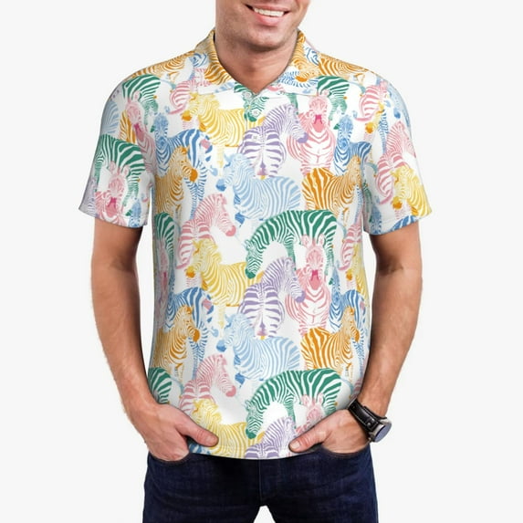 Kdxio Zebra Colourful Print Men's Short Sleeve Polo Shirt,Midweight Men's Shirt