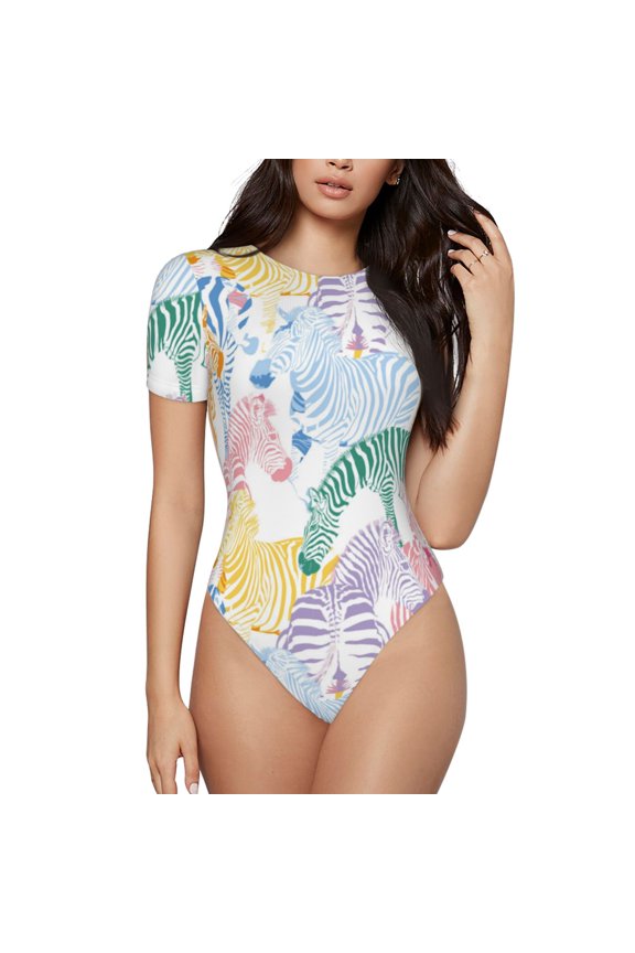 Zebra Colourful for Women's Short-Sleeved Onesie Stylish Round Neck Pajamas Bodysuit Jumpsuit Nightwear-Small