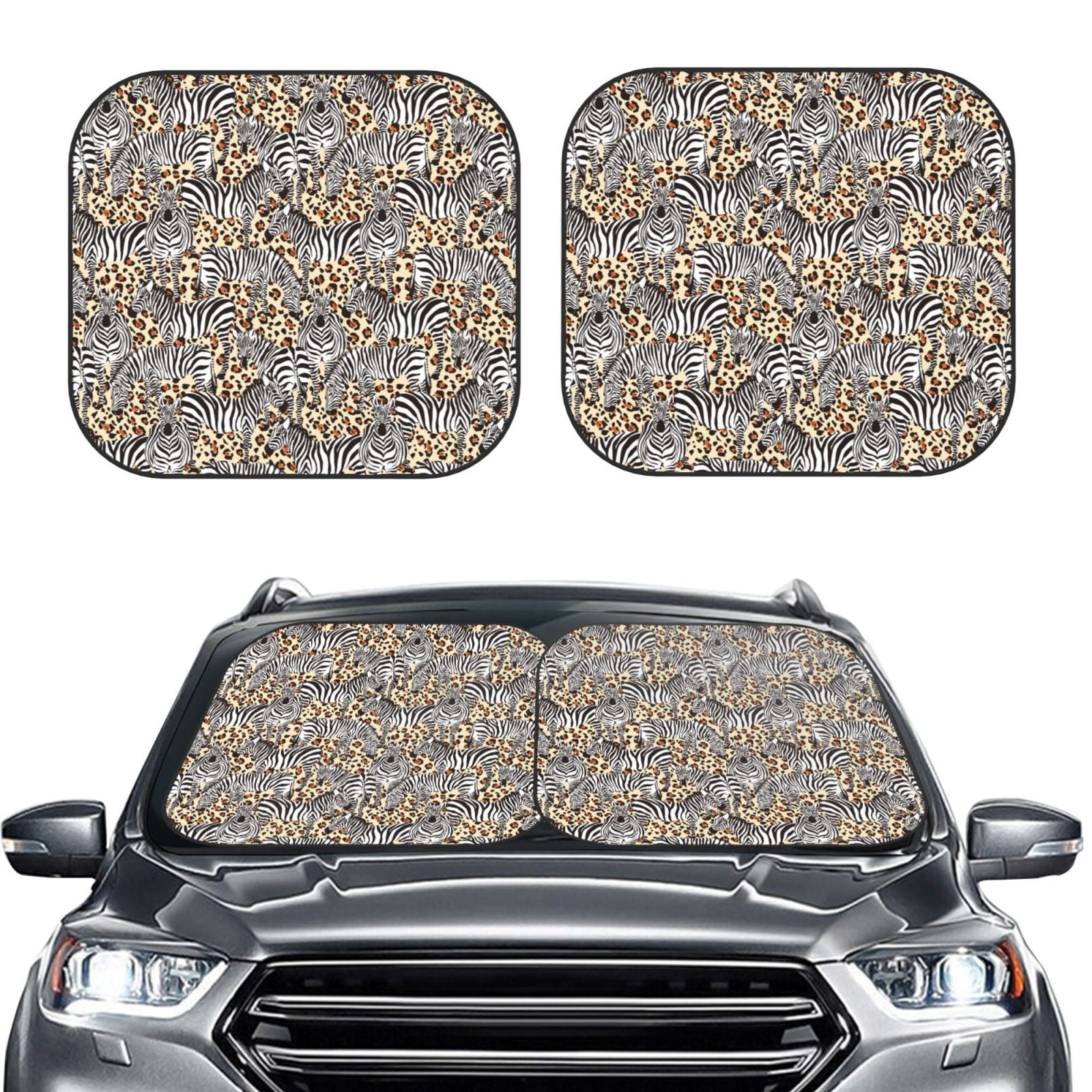 Kdxio Zebra Print 2Piece Sun Shade Front Windshield Foldable Car