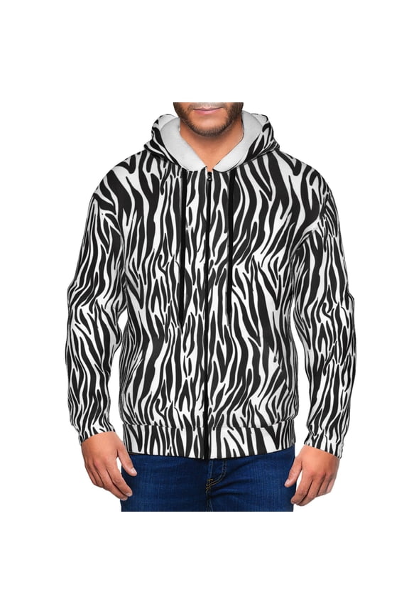 Zebra Print Men Hoodies Casual Hoodies for Men with Zip Pockets Full Zip Long Sleeve Sweatshirt Sports Hooded Jacket-Large