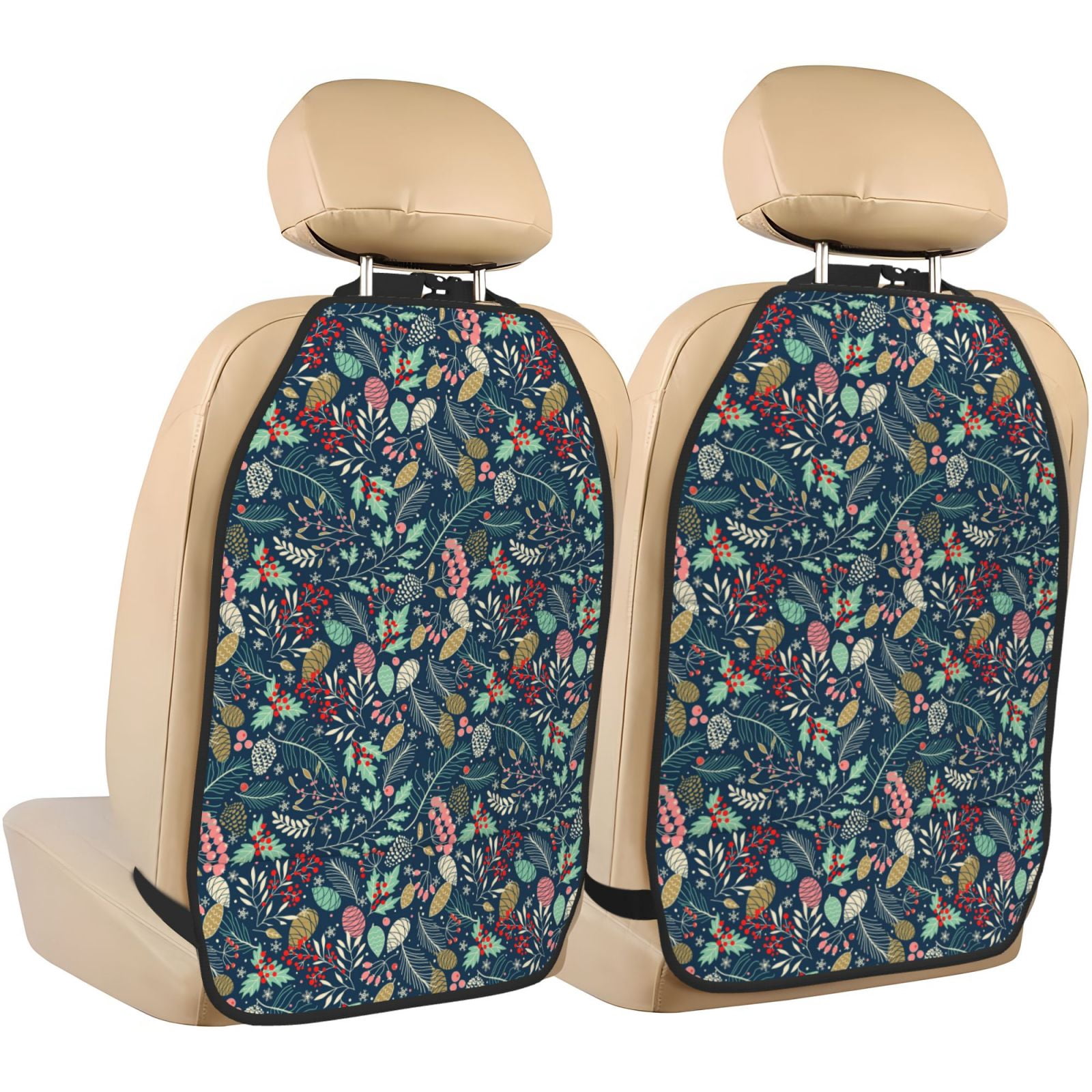 Kdxio berry Nuts Leaf Print 2 Pack Car Kick Mat Seat Cover Back Protector Mat with Pockets for Organizer Backseat Protector and Storage Anti Kick Pad for Vehicles