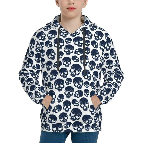 Kdxio black Skull white Pattern Boys Athletic Unisex Boys Girls Hoodie with Pocket Sweatshirts-X-Large