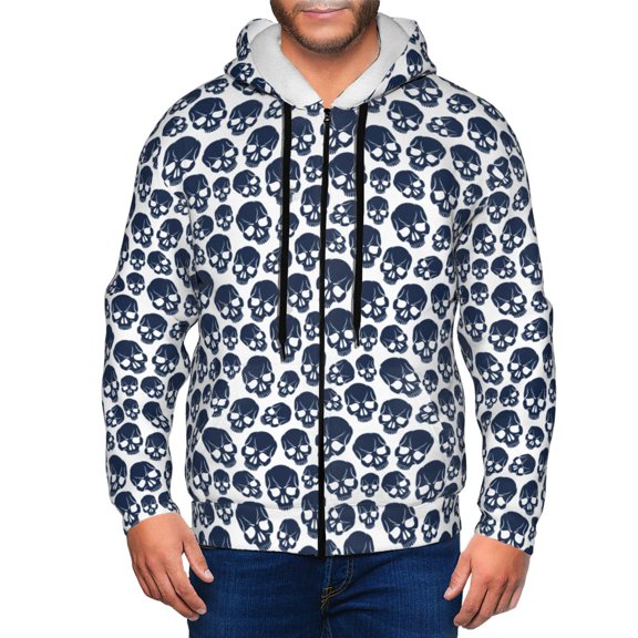 Kdxio black Skull white Print Men Hoodies Casual Hoodies for Men with Zip Pockets Full Zip Long Sleeve Sweatshirt Sports Hooded Jacket-Large