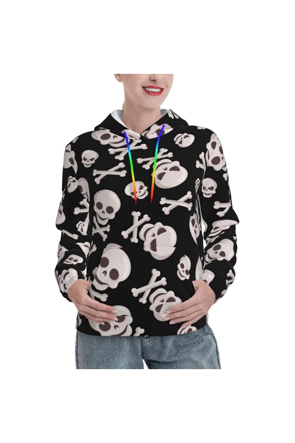 black white Skull bone Print Womens Oversized Hoodies Sweatshirts Hooded Pullover Tops Sweaters Casual-
