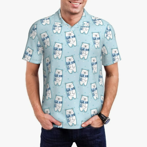 Kdxio blue Scarf Bear Print Men's Short Sleeve Polo Shirt,Midweight Men's Shirt-3X-Large