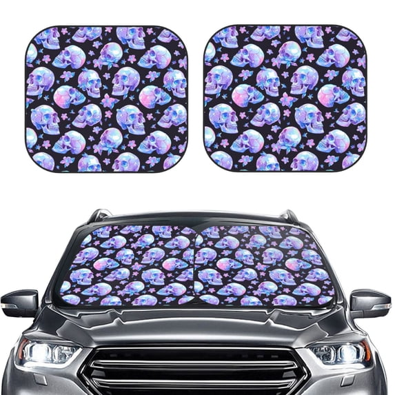 Kdxio blue Skull flower Print 2-Piece Sun Shade Front Windshield - Foldable Car Front Window Sunshades for Most Sedans SUV Truck