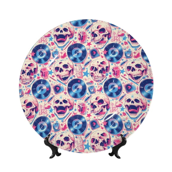 Kdxio blue record rock Skull Bone China Decorative Plate Ceramic Decorative Plate for Home Office Wall Stand Decorative Plates for Home Bedroom-8in