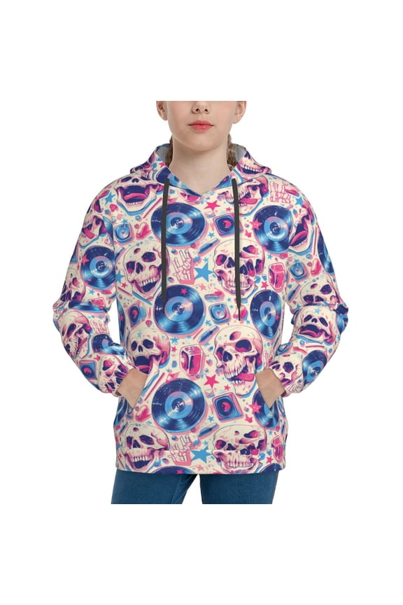 blue record rock Skull Pattern Boys Athletic Unisex Boys Girls Hoodie with Pocket Sweatshirts-Large
