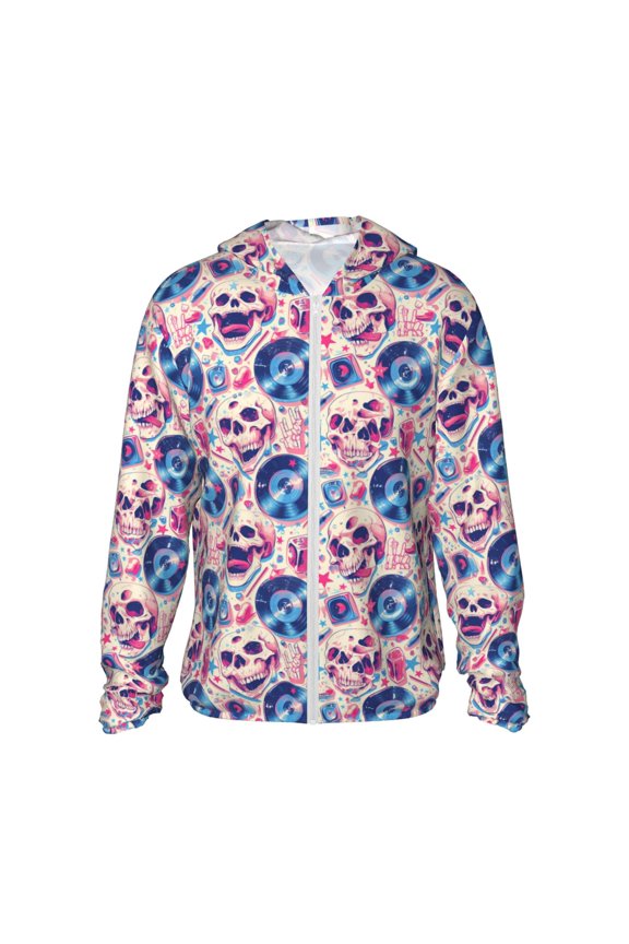 blue record rock Skull Print Women Men Sun Protection UPF 50+ Jackets Zip Up Long Sleeve Hoodie Hiking Lightweight with Pockets