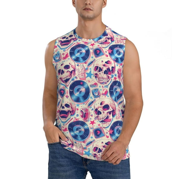 Kdxio blue record rock Skull for Men's Muscle T-shirt,Sleeveless for Workout Running Athletic Gym Lounge Casual