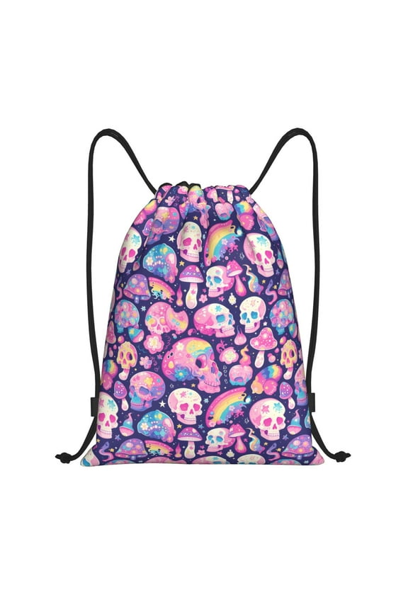 cartoon rainbow Skull Print Drawstring Backpack Bag,Waterproof Draw String Back Sack, Gym Drawstring Bags Swim Bag For Unisex