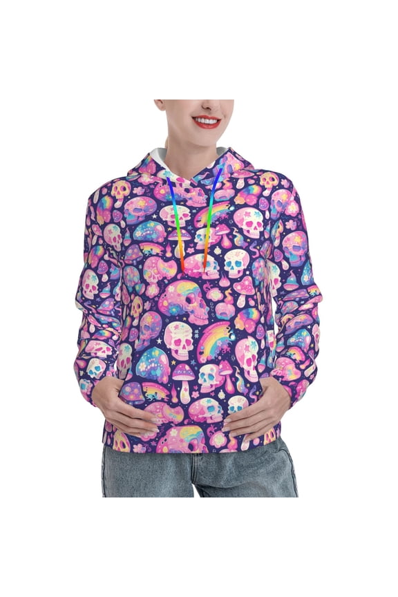 cartoon rainbow Skull Print Womens Oversized Hoodies Sweatshirts Hooded Pullover Tops Sweaters Casual-Large