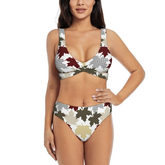 Kdxio colorful Maple Print Women's 2 Piece High Waisted Wrap Spaghetti Strap Summer Swimsuit Bikini Set-Small