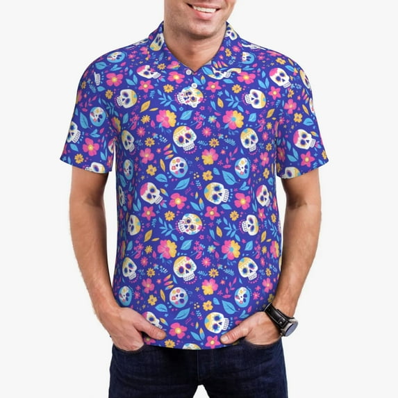 Kdxio colorful Skull flower leaf Print Men's Short Sleeve Polo Shirt,Midweight Men's Shirt
