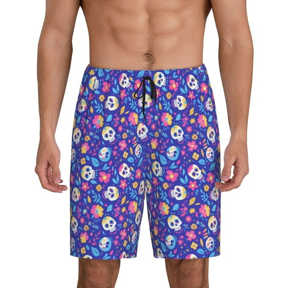 Kdxio colorful Skull flower leaf Print Mens Sleep Shorts Bottoms Soft Comfy Pajama Wear Pants with Drawstring Pockets